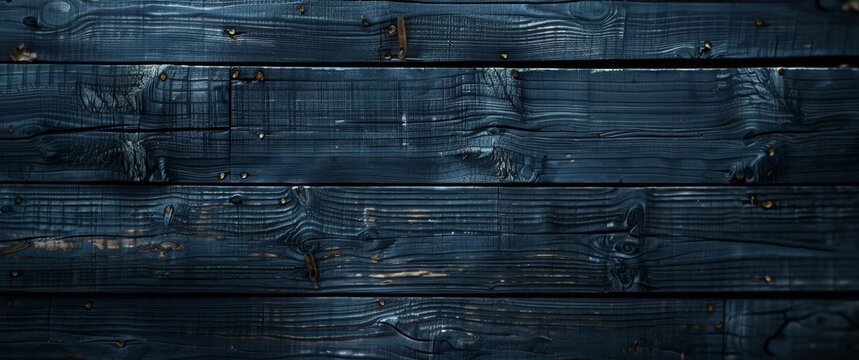 Texture of an old wooden board with grain and a rough surface. Abstract blue background, wood texture, painted with oil paints in the style of rough brush strokes, dark blue color, top view. 