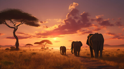A family of elephants gracefully trekking across the vast Serengeti plains at sunset. - obrazy, fototapety, plakaty