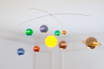 Colorful Educational Solar System Model Suspended in a Bright Classroom