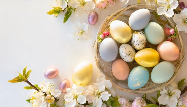 a vibrant frame of multicolored easter eggs and spring blossoms on a clean white background with space for text