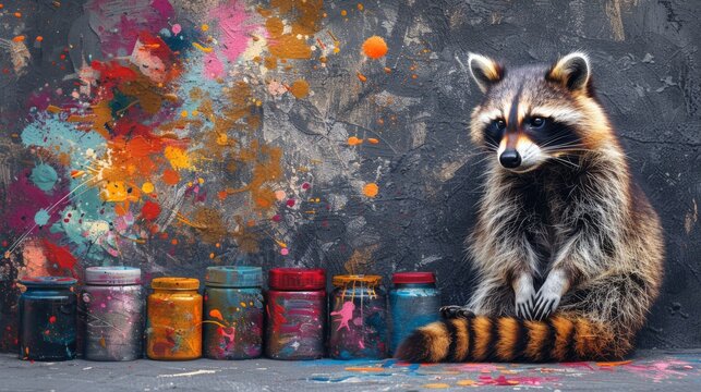  a raccoon sitting on the ground in front of a wall with paint splattered all over it.
