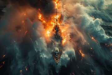 Fiery maritime disaster: warship ablaze on the ocean