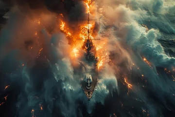Fotobehang Fiery maritime disaster: warship ablaze on the ocean © Oleksandr