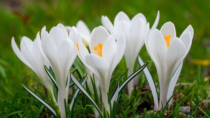 Clean white background highlights blooming white crocus flowers in spring