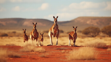 A family of red kangaroos in mid-hop across the arid landscape of the Australian outback.