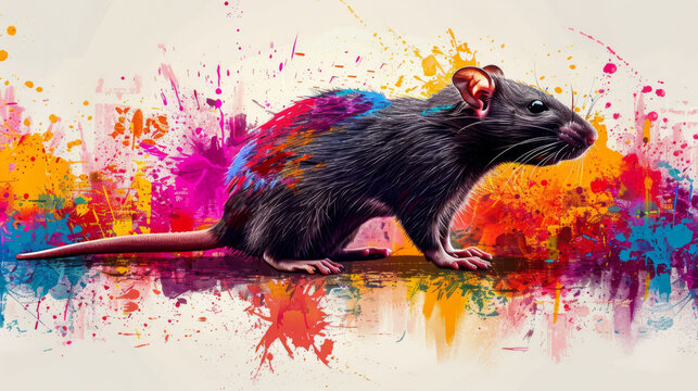  a painting of a rat with paint splatters all over it's body and tail, sitting on a surface in front of a multicolored background.
