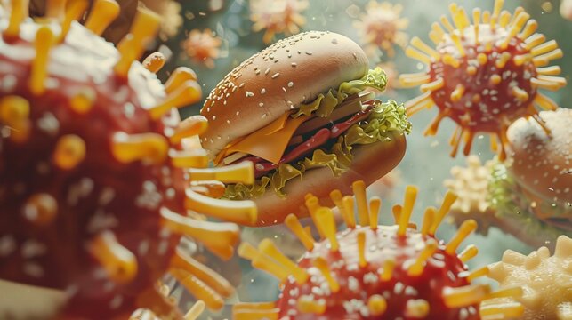 A visual metaphor of a virus spreading but with icons of fast food and sedentary lifestyle elements instead of pathogens