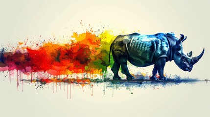  a painting of a rhino standing in front of a multicolored line of paint splattered on a white background.