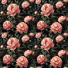 Vintage Hyper Realistic Illustration of Pink Peonies on Dark Background Seamless Pattern