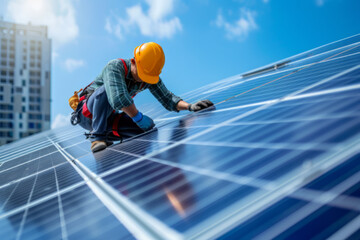 Skilled Worker Installing Solar Panels on Building Rooftop - obrazy, fototapety, plakaty