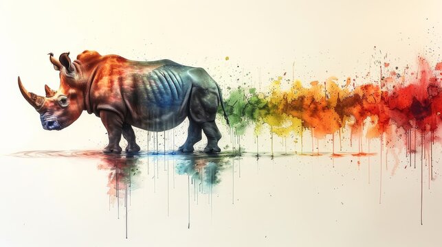  a painting of a rhino standing in front of a rainbow of paint splattered on it's body.