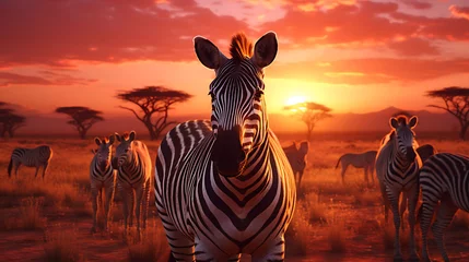 Foto auf Leinwand A group of African zebras grazing on the savannah with the sun setting in the background. © Ansar