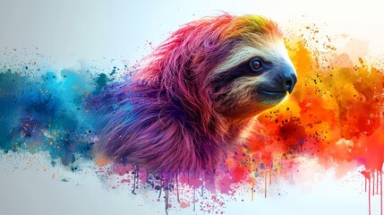  a painting of a sloth with multi - colored paint splatters on it's face and neck.