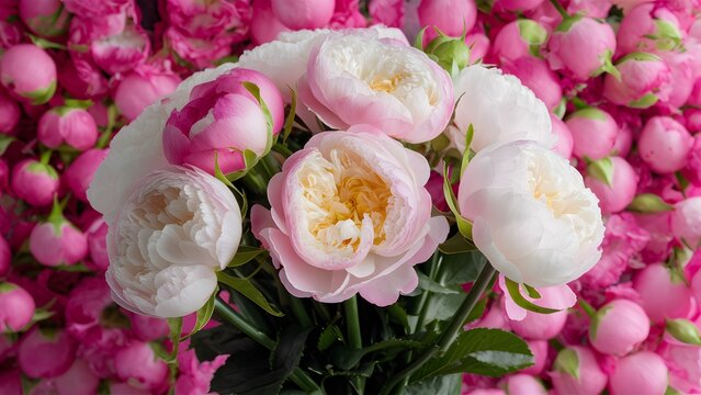 Close up bouquet of vintage peony roses against pink flowers backdrop