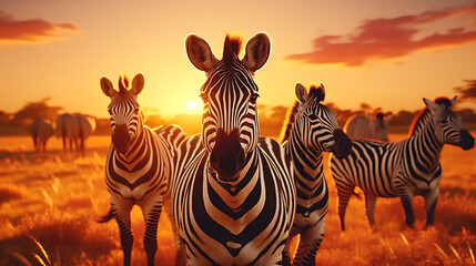 Fototapeta na wymiar A group of African zebras grazing on the savannah with the sun setting in the background.