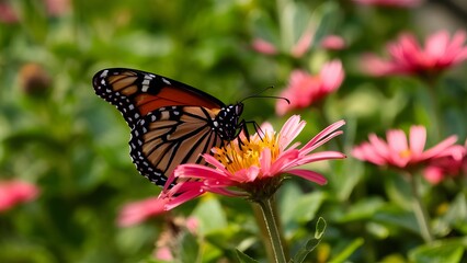 Obraz premium Close up frontal focus of monarch butterfly on pink flower