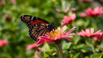 Close up frontal focus of monarch butterfly on pink flower