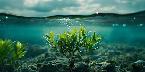 Underwater plants capture carbon emissions contributing to oceanic ecosystem health and carbon sequestration. Concept Oceanic Carbon Sequestration, Underwater Plant Life, Ecosystem Health