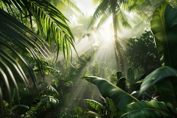 Sunlight filtering through dense foliage in a lush tropical jungle - obrazy, fototapety, plakaty