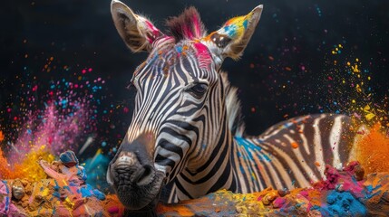 Fototapeta premium a zebra standing in front of a black background covered in multicolored sprinkles and powders.