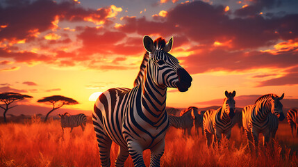 A group of African zebras grazing on the savannah with the sun setting in the background.