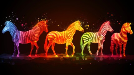 Fototapeta premium a group of colorful zebras standing next to each other on a black background with a splash of paint on it.