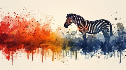 Fototapeta premium a painting of a zebra standing in front of a red, orange, and blue paint splattered background.