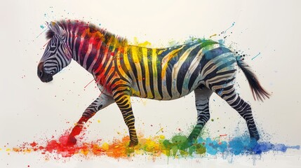 Fototapeta premium a painting of a zebra with colorful paint splatters all over it's body and tail, walking in front of a white background.