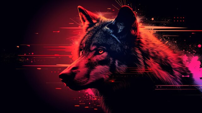  a close up of a wolf's head on a black background with red and purple lines and a splash of paint.