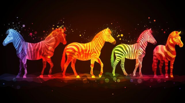  a group of colorful zebras standing next to each other on a black background with a splash of paint on it.