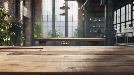 Fototapeta na wymiar Rustic Wooden Table in Modern Meeting Room