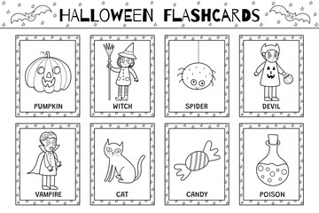 Halloween flashcards black and white collection for kids. Flash cards set in outline with cute spooky characters for school and preschool. Vector illustration - 767152064