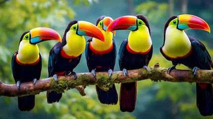 Papier Peint photo Lavable Toucan A group of colorful toucans perched on branches, their vibrant beaks creating a striking contrast.