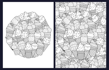 Doodle ice cream coloring pages set. Black and white summer templates for coloring in US Letter format. Outline background. Vector illustration - 767152097