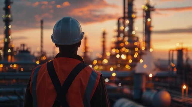 Young engineer with dark complexion standing on oil drilling rig in oil refinery, petroleum, petrochemicals in oil refinery