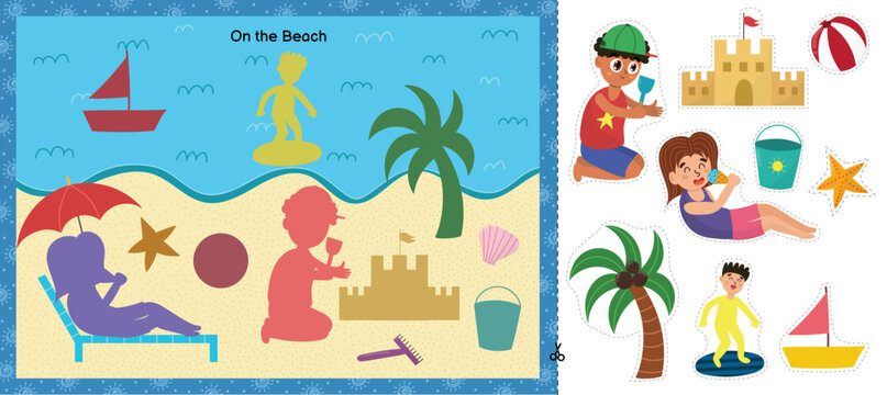 On the beach matching game for kids. Summer cut and glue activity page for school and preschool. Vector illustration