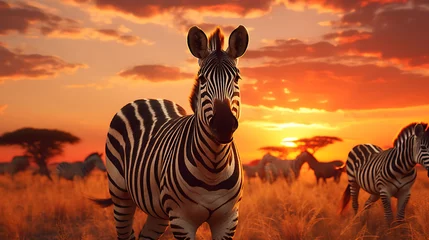 Raamstickers A group of African zebras grazing on the savannah with the sun setting in the background. © Ansar