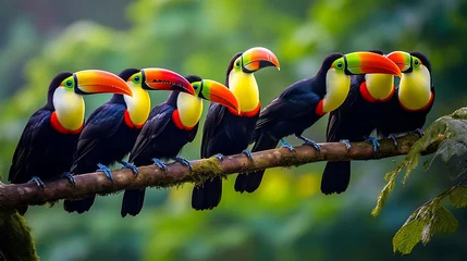 Photo sur Aluminium Toucan A group of colorful toucans perched on branches, their vibrant beaks creating a striking contrast.