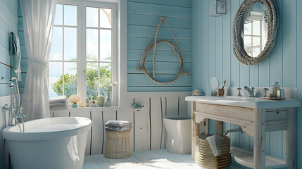 Seaside Escape: Coastal Retreat Bathroom Awash in Soft Blue and White Tones