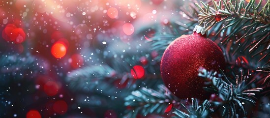 Background with Christmas and New Year's Eve theme featuring a wide-angle view, showcasing a red ball on a fir tree with shimmering highlights.