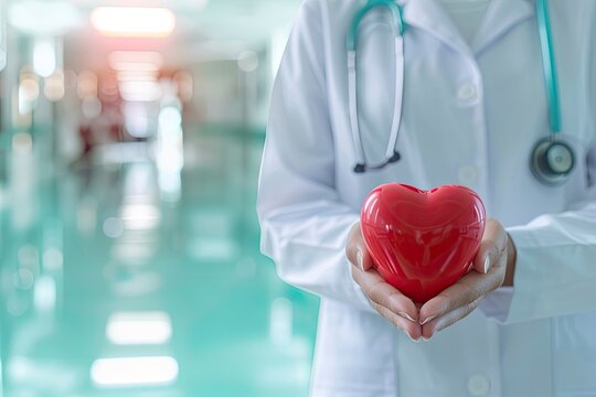 Red heart love shape hand exercise ball with doctor physician's stethoscope on hospital background: Hospital life insurance concept: World heart health day. doctor day - generative ai