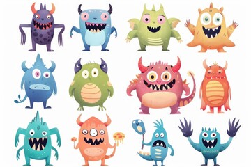 Funny Cartoon Monsters Collection - Cute Colorful Creatures Halloween Kids Illustration Set