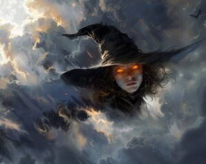 Glowing eyes and intense expression as the witch zips through the clouds - obrazy, fototapety, plakaty