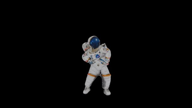austronaut dancing gangnam style isolated on black 3d animation 