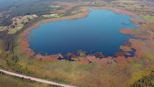 4k drone flight up footage (Ultra High Definition) of the lake in the shape of heart - Bile. Impressive morning scene of Shatsky National Park, Volyn region, Ukraine. Beauty of nature concept backgrou