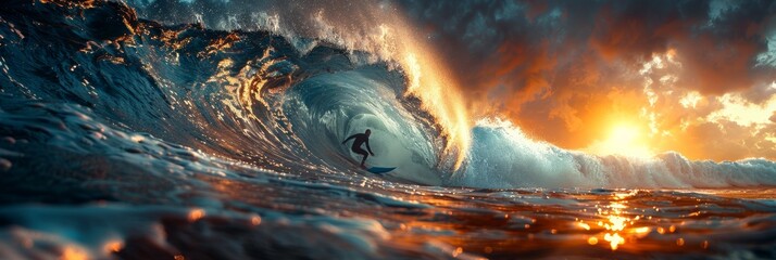 Conquering the surf: skilled surfer braves massive wave peaks - obrazy, fototapety, plakaty