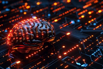 Human brain with neuron synapses, neural networks, and binary code, concept of artificial intelligence, AI, machine learning, and technological advancement. 