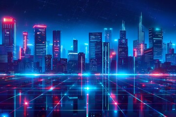 Futuristic Neon City Skyline at Night - Cyberpunk Sci-Fi Metropolis Landscape Illustration - obrazy, fototapety, plakaty