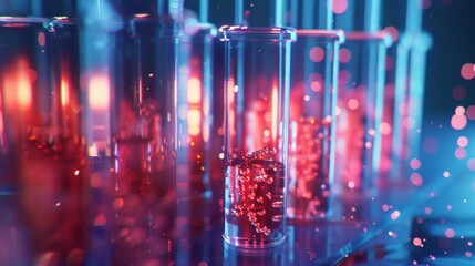 Chemist is preparing colorful test tubes on table with many chemical and chemical structure formulas in science lab.