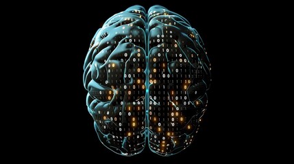 Human brain with neuron synapses, neural networks, and binary code, concept of artificial intelligence, AI, machine learning, and technological advancement. 